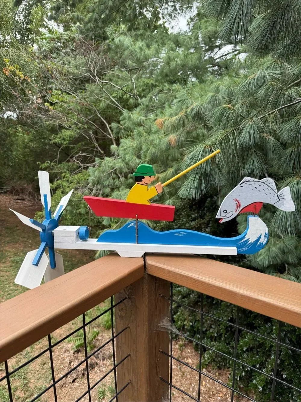 Vintage Handmade Whirligig Fisherman Boat Fishing Folk Art Wind Spinner